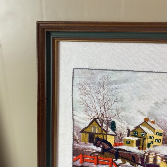 Vintage Crewel Needlepoint Folk Art Farmhouse Sleigh Ride Wall Art Picture - Picture 11 of 14